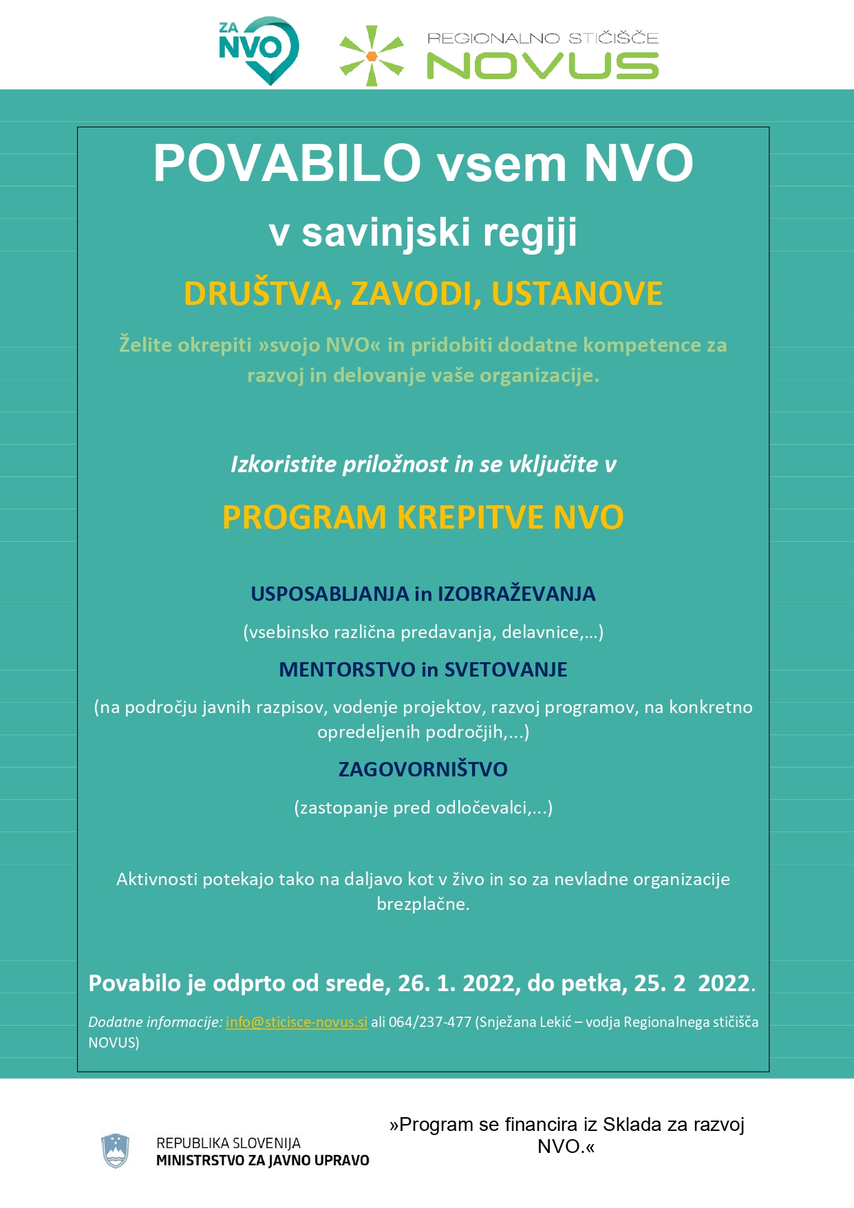 »Novo leto -  NOV POZIV« vsem nevladnim organizacijam v savinjski regiji, ki imate željo po krepitvi svoje NVO (društva, zavodi ali ustanove).  