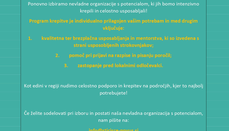 Okrepite svojo nevladno organizacijo tako, da postanete naša NVO s potencialom!