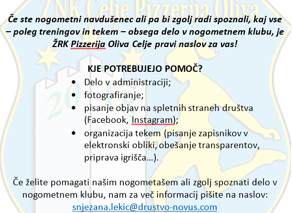 ŽENSKI NOGOMETNI KLUB PIZZERIJA OLIVA CELJE IŠČE PROSTOVOLJCE