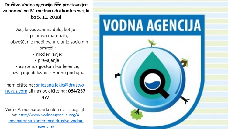 Društvo Vodna agencija išče prostovoljce za pomoč na IV. mednarodni konferenci, ki bo 5. 10. 2018!