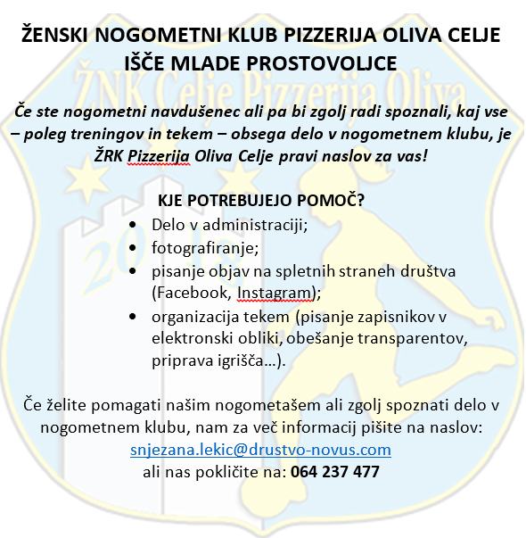 ŽENSKI NOGOMETNI KLUB PIZZERIJA OLIVA CELJE IŠČE PROSTOVOLJCE